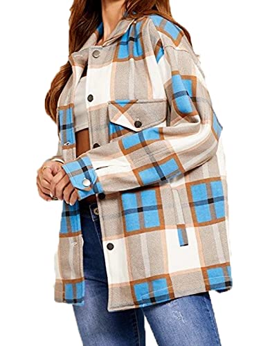 Crazy Fashion Womens Check Fleece Casual Jacket Shacket Long Sleeve Top Shirt Tunic Oversize Baggy Coat (Sky Blue, L)