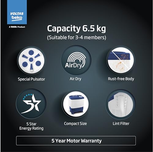 Voltas Beko, A Tata Product 6.5 Kg 5 Star Semi-Automatic Top Loading Washing Machine (WTT65UNX/OK3I0I0W01, Blue, Pulsator wash technology) preview 2