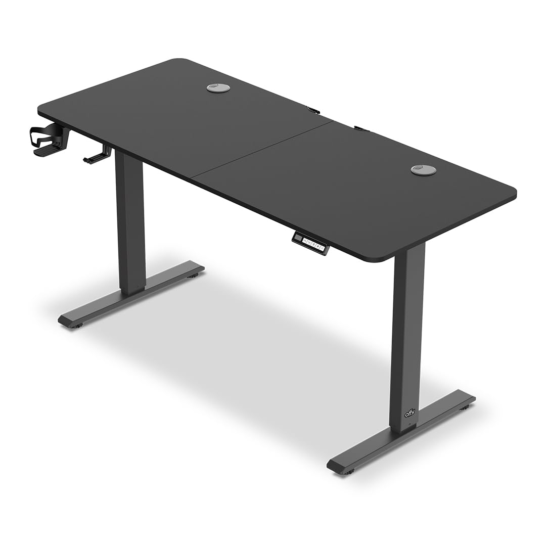 Offy Ryva Escritorio Elevable Eléctrico - Altura Ajustable, Memoria de Posiciones, Soporte para Auriculares y Vaso, Pasacables, 140x60 cm, Negro