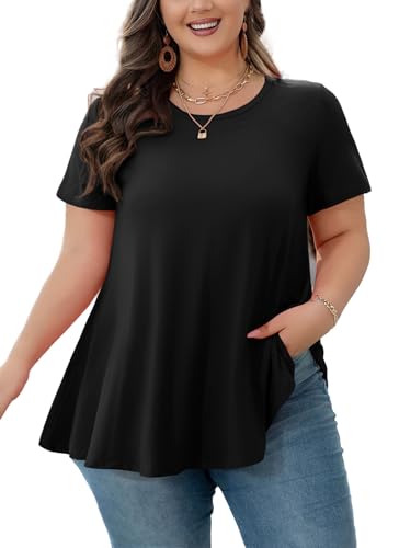 Tunic Tops for Women Plus Size Short Sleeve Crew Neck Swing Flare Loose T-Shirt Blouses to Wear with Leggings