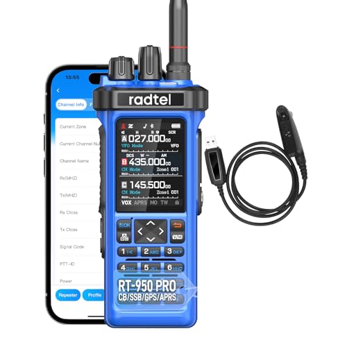 Radtel RT-950 PRO Ham Radio GPS/APRS, 10W Walkie Talkie Long Range Handheld Two Way Radio, SW/MW/LW RX, Bluetooth APP Programming, NOAA, Spectrum Analyzer,Blue(with Programming Cable)