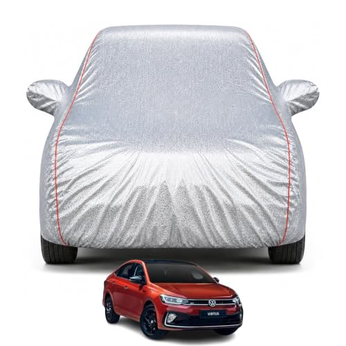 Image of Premium Car Cover for Volkswagen Virtus 2022-2026 Models | 100% Waterproof, UV & Dust Protection | Mirror & Antenna Pocket | Triple Stitched, Soft Inner Lining, Belt & Buckle (Metalic Silver)