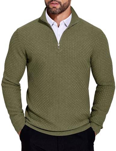Image of COOFANDY Quarter Zip Jumper Men Slim Fit Smart Casual Funnel Neck Knitted Sweater Lightweight Winter Pullover Dusty Olive XL