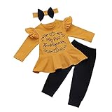 Xfglck Newborn Infant Baby Girl First Thanksgiving Clothes Outfit Ruffle Sleeve Shirt + Pant + Headband Winter Outfits (Yellow, 6-12 Months)