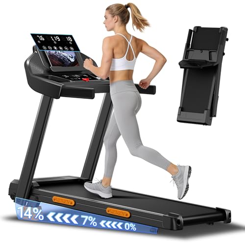 Image of Treadmills for Home with 14% Incline & Led Screen, 3.0HP Quiet Foldable Treadmill with Handle Bar Up to 360lbs Capacity, 7-Layer Shock-Absorbing Walking Pad Treadmill 0.6-7.2MPH