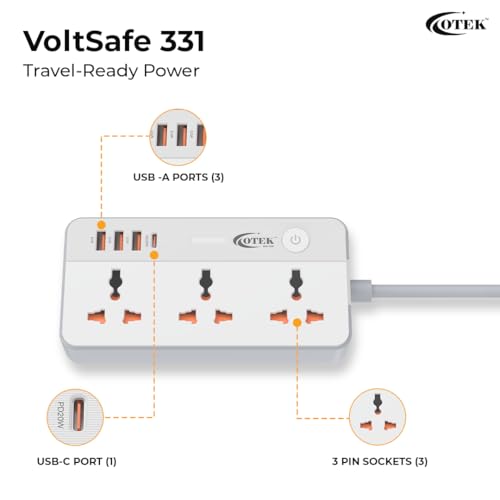 Image of OTEK VoltSafe 331 Extension Board with 3 Universal Sockets,3 USB,1 Type C Ports,2 Meter Cord,2500 Watts,10A,Surge Protector for Home & Office Appliances Abs Body Color White