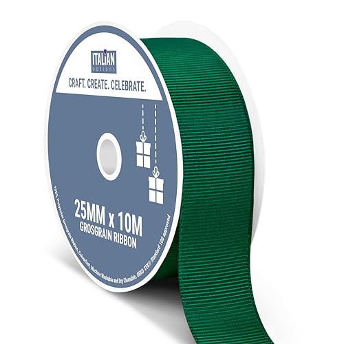Italian Options Grosgrain Ribbon 25mm, Strong Plain Dark Green Ribbon for Bows, Wedding, Crafting, Sewing, Hair Accessories, Gift Wrap, 25 mm x 10 Metre Roll, Dark Green