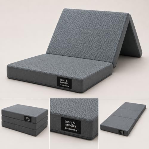 LOOM & NEEDLES 3-Layer Tri-Fold Single Folding Mattress | Medium Firm Memory Foam, Aeroflow & 28D Premium HR Support Portable Foldable Guest Floor Bed | Hostel, Travel & Camping | 72x36x4 Inch