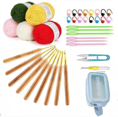 Image of Dodhar Complete Crochet Kit for Beginners - 9 Ergonomic Crochet Hooks Set with Yarn, Stitch Markers, Needles, Cutter & Storage Case - DIY Knitting Starter Kit for Adults & Kids (Wood Gold Hook)