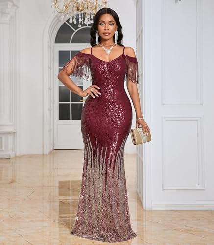 Image of Cololura Women Sexy Sequin Tassel Off Shoulder Halter Bodycon Formal Party Evening Gown Maxi Dress