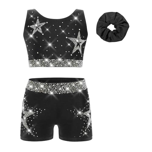 Hedmy Traje Gimnasia Rítmica Deportiva de 3 Piezas para Niñas sin Mangas con Pedrería Brillante y Diadema Crop Top y Leggings Cortos Elásticos Ropa de Danza Negro 9-10 años