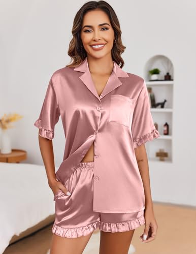 Image of Ekouaer Satin Pajama Set for Women 2 Piece Pj Sets Short Sleeve Sleepwear | Super Soft Silky Summer Loungewear Set with Ruffle Short Sleeve Top and Pocket Shorts, Casual Travel Daily Gift