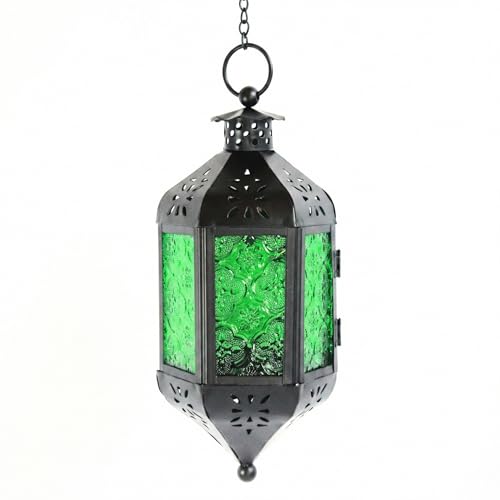 Vela 11.5" Moroccan Hanging Candle Lantern, Emerald Green