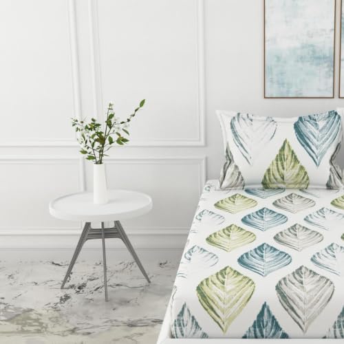 Image of LORETO - A QUALITY LINEN BRAND 186 TC 100% Pure Cotton Single Fitted Bedsheet with Pillow Cover for 36x78 inch Mattress, All-Around Elastic, Fits up to 8 Inch Depth, Teal Blue & Green
