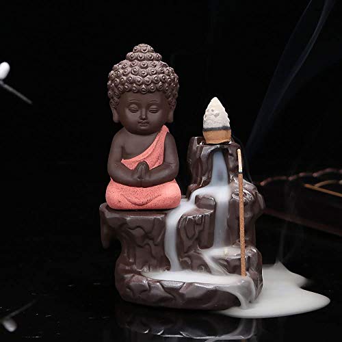 Image of Backflow Incense Burner,Little Monk Buddha Design Ceramic Backflow Incense Holder,Incense Smoke Cone Burner Backflow Censer Tower Holder Creative Censer Backflow Incense Burner Home Office Decoration