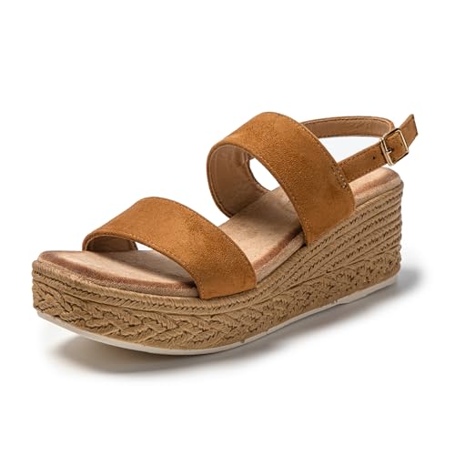 JOMIX Damskie sandały regulowane z klamrą letnie eleganckie espadryle damskie klapki na koturnie do domu na basen plażę, Khaki, 37 EU