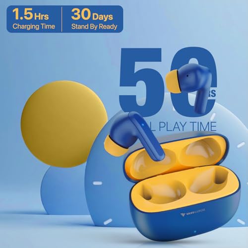 Image of Vaku Luxos SONAIR TWS Bluetooth 5.4 Earbuds | 60H Playtime | Touch Controls | Type-C Fast Charging | 10mm Driver | Voice Assistant | Deep Bass Wireless Earbuds with Charging Case- Blue /Yellow