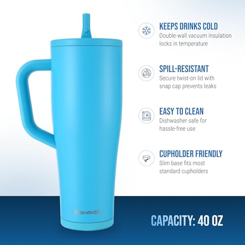Image of Ice Shaker 40 oz Tumbler with Handle and Straw | 40oz Caribbean Blue | Cold for 30+ Hours | 2-in-1 Tumbler Shaker Bottle | Odor-Free 40 ounce Bottle for Water, Protein Shakes, Smoothies, Cocktails