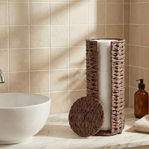 RdjEokf Wicker Toilet Paper Holder Standing, Woven Toilet Paper Storage Stand with Lid, 3 Rolls of Freestanding Toilet Paper Roll Holder Stand, Decorative Bathroom Tissue Holder (Coffee Color)