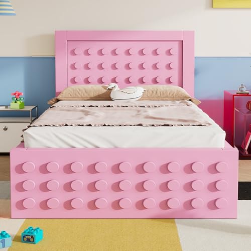Kebnor Cama individual de madera, cama infantil con diseño creativo de bloques, estructura de madera maciza con somier, con cajones y espacio de almacenamiento debajo de la cama (sin colchón) (rosa