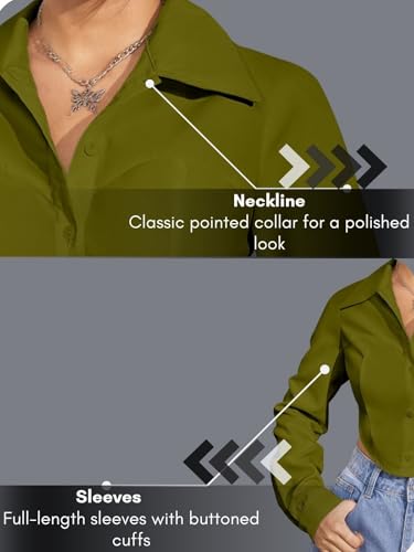 Image of GRECIILOOKS Women`s Oversized Fit Crop Top Shirt | Casual Long Sleev Stylish Collared Shirts for Womens | Comfortable Rich Korean Button Down | Formal Look Stylish Trendy Shirts