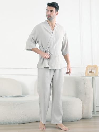 Mens Pajama Sets Kimono 2 Piece PJ Set Stylish Cotton Bathrobe Pajamas Casual Clothes Sleepwear with Pants for Lounge3