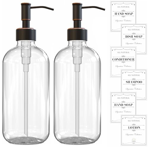 Image of Sunrise Premium 2 Pack Clear Glass Soap Dispenser 16 OZ with Oil Rubbed Bronze Stainless Steel Pump, Hand and Dish Soap Dispenser Set for Bathroom and Kitchen Sink with 6 Waterproof Labels