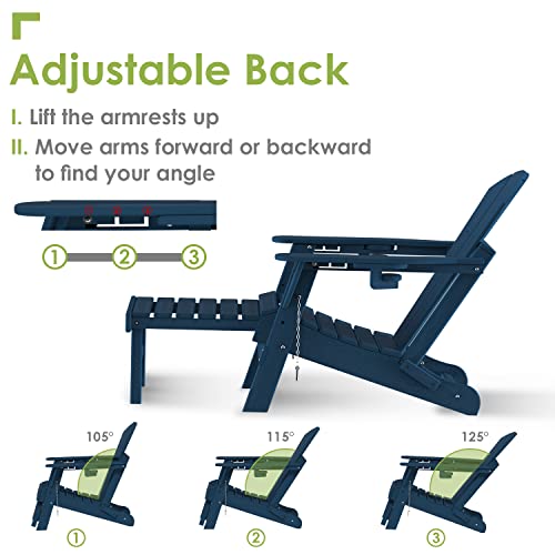 Greenvines Folding Adirondack Chair With Adjustable Back & Ottoman, Wood Grain Hdpe All-Weather Poolside Chairs W/Cup Holders & Footrest For Fire Pit Campfire Deck Patio Outdoor Lawn, Blue #TOP1
