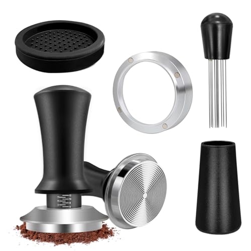 Prensador De Café, Tamper 51mm con Ajuste De Escala, Kit Barista Acero Inoxidable con Aguja De 12 Pines, Anillo Colector de Polvo de 51mm y Cojín Redondo, Wdt Tool, para Cafés, Amantes Del Café