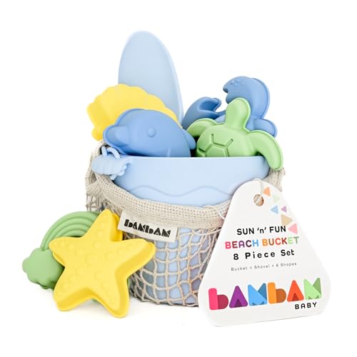 Image of BAMBAM Baby – Premium Silicone Beach Toys for Toddlers & Baby | 100% BPA Free, Safety Tested | 8 Piece Sand Bucket Set for Kids Ages 6 Months and Up (Beach Blue)
