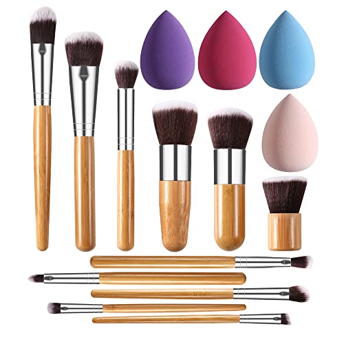 Bamboo Makeup Brushes Set Professional - START MAKERS 11pcs Mini Makeup Brushes & 4 Blender Sponges for Foundation Powder Blending Concealer Eye Shadows Blush Cosmetics Face Makeup Brushes