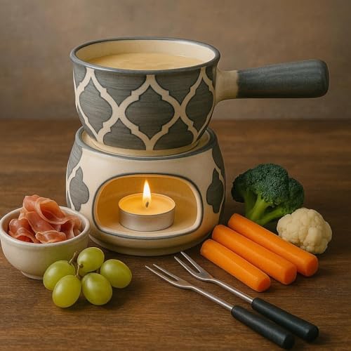 Image of Ceramic Fondue Set Pack of 2 (2 Piece of Fondue Set, 4 Tea Light Candle), Capacity 180 ml, White Matt & Grey