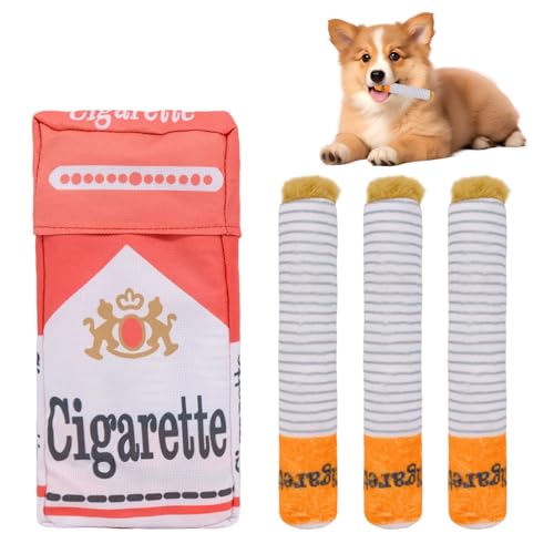 FORYNXHWIN Hundezigaretten Spielzeug, Quietschendes Hundespielzeug, Zigaretten Spielzeug Hund mit Hundespielzeug Zigarettenpackung, lustiges Zigaretten-förmiges Plüsch-Hunde-Selbstspielspielzeug