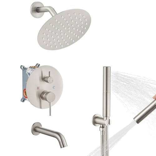 Airuida Brushed Nickel Rain Shower System Set, 8 Inch Shower Head | 3-Function Wall Mount Bathtub Faucet Set miniatura 1