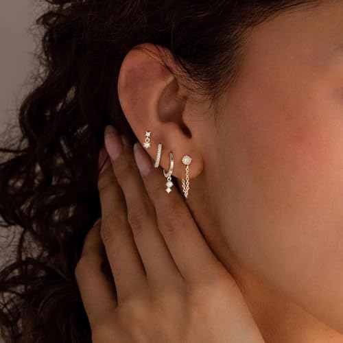 Image of Gold Earrings for Women, 14k Gold Plated Dangle Huggie Earrings for Women Trendy Dainty Gold Hoop Earring Stacks Hypoallergenic Pearl Chain Drop Cartilage Earring Fashion Womens Jewelry