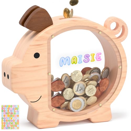 Image of Piggy Bank for Kids Boys,Natural Kids Piggy Bank with Creative DIY Stickers