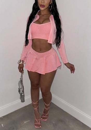 Lucuna Women's Suit 3 Piece Outfits Sexy Crop Jacket Bandeau Top and Mini Skirt Streetwear2