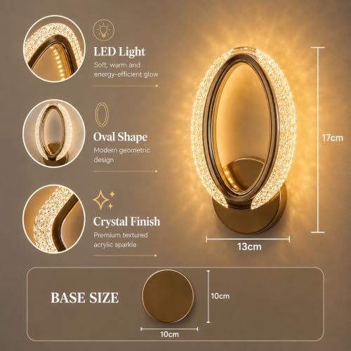 Image of fizzytech Crystal LED Wall Light, Modern Gold Finish Decorative Wall Lamp with 3 Colour Changing Modes for Living Room, Bedroom, Hallway & Home Decor (Oval, Pack of 1)