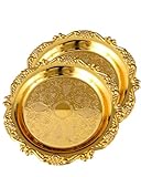 SEEK RARE 2PCS Coffee Table Tray 7.9in Round Decorative Tray Vintage Metal Dessert Plates for Snacks Fruit Gold