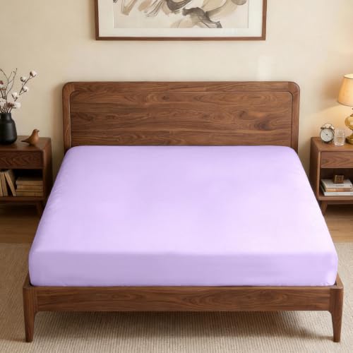 Image of Lirex Fitted Sheet, King Size 100% Cotton 300 Thread Count Soft Breathable Fitted Sheet, Light Purple