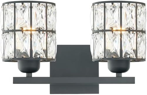 Quoizel Gibson Bath Vanity Lights, 13 Inch 2-Light Matte Black Bathroom Lighting Fixtures Over Mirror, Clear Beveled Crystal Shade, Contemporary Wall Mount Light for Bathrooms, Kitchen or Hallway