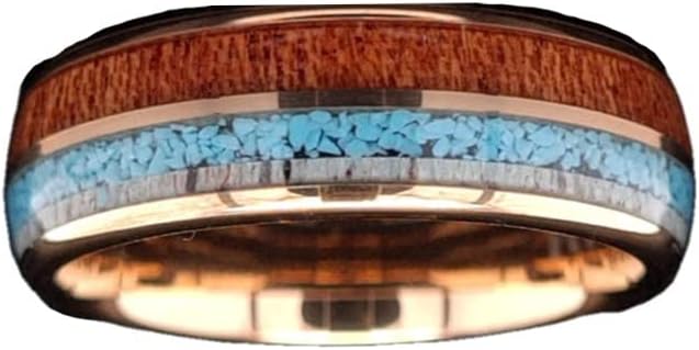 Mens Turquoise Ring 18K Rose Gold Wedding Band with Deer Antler and Koa Wood Inlays Comfort Fit Tungsten Rings for Men Rose Gold Polished Nature Ring