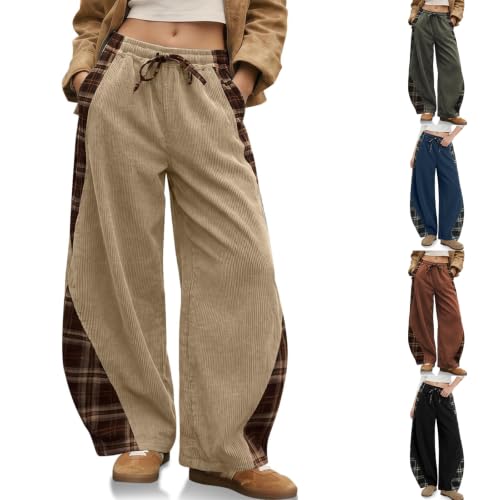 Womens Corduroy Barrel Pants with Pockets Y2K Plaid Patchwork Panels - image 1