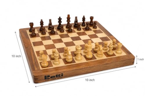 Image of Classic - 10x10 Inch Wooden Chess Board with Chessmen | Magnetic Folding Chess Set with Storage | Travel Friendly Board Game for Kids & Adults