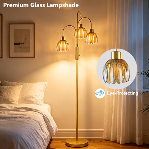 Image of 3-Light Glass Floor Lamp, 70 inch Gold Dimmable Standing Tall Lamp with Amber Glass Shades &3PCS 3000K Warm White Bulbs for Wedding /Party, Modern Tree Pole Lamp for Living Room Bedroom Home Decor