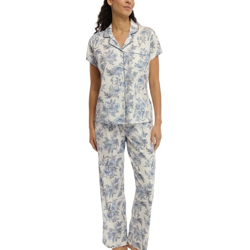 Laura Ashley Women's Pajamas 2 Piece Cotton Blend Notch Collar Button Down PJ Set (US, Alpha, Large, Regular, Regular, Blue Peacock)