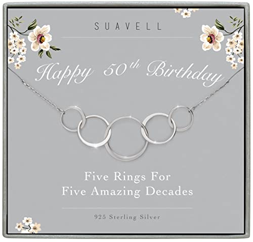 Suavell 5 Circle Necklace Pendant, 50th Birthday Gifts for Women. Sterling Silver Chain Necklace, Minimalist Jewelry, Dainty. Daughter Gift from Mom, Gifts for Women Turning 50