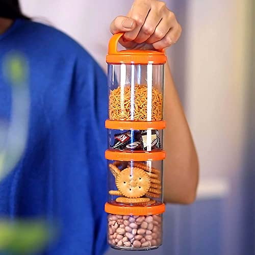 Image of GROB StackIt 4-Layer Stackable Snack Container with Handle | Airtight Food Storage Jar | Multipurpose Dry Fruit, Biscuit & Namkeen Box | BPA Free Plastic | Travel & Kitchen Storage (Pack 1)