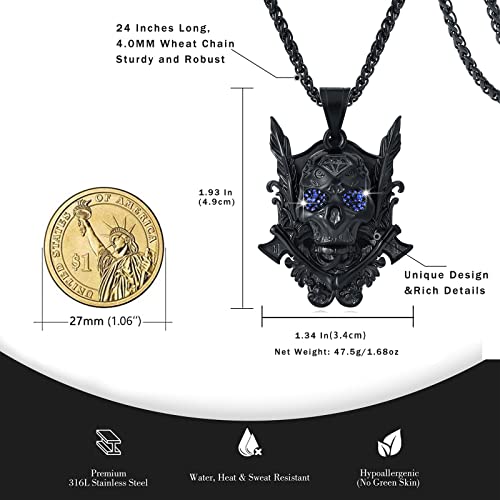 Yami Skull Necklace Big Pendant Titanium Steel Viking Axe Berser Skeleton Pirate Goth Cool Norse Punk Style Chunky Amulet Jewelry Gifts, Birthday/Halloween, Black #TOP5