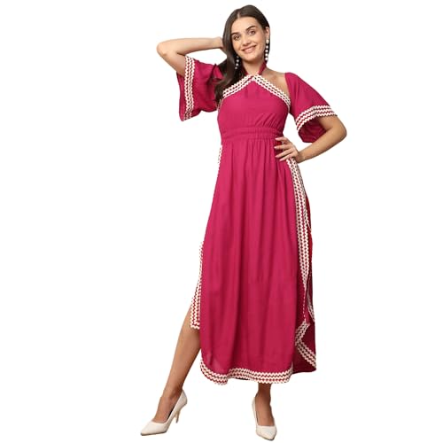 Image of DEEBACO Women's Solid Rayon Slit Ankle Length A-Line Dress|Sleeveless|Halter Neck|Casual Trending Fashion Long One Piece Dresses Women Western